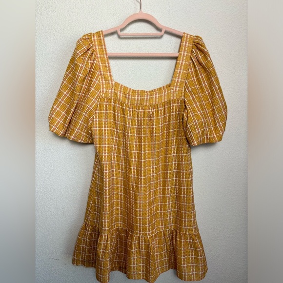 Marie Oliver Silk Blend Puff Sleeve Kaylee Dress in Desert Orange Plaid S - Picture 3 of 10